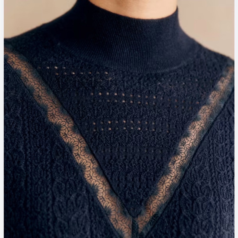 Sezane Anneli Merino Wool Jumper Navy Lace Trimmed